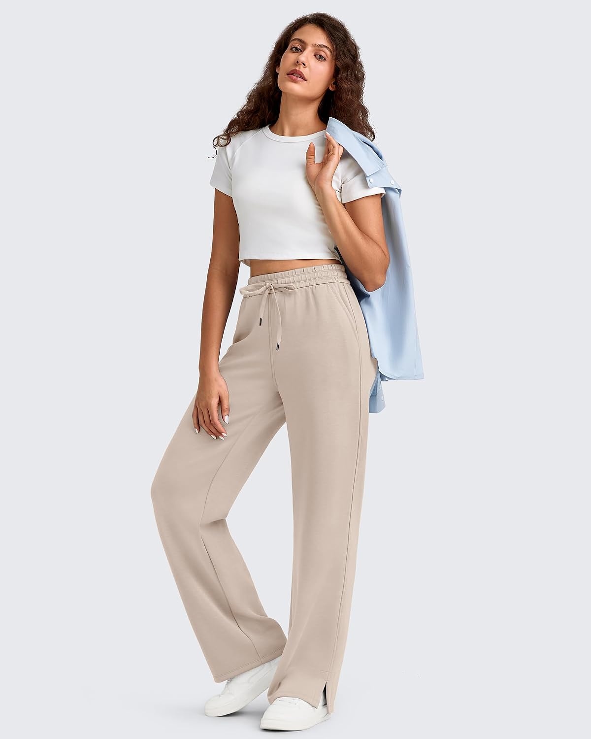 image:imageG4Free Smoofit Womens Wide Leg Sweatpants Drawstring Side SlitLight Khaki