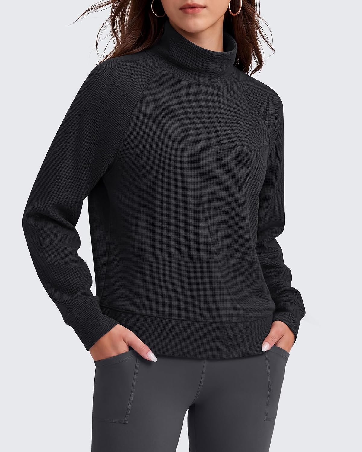 image:imageG4Free Womens Waffle Knit Sweatshirts Long Sleeve Mock Neck Pullover TopsBlack