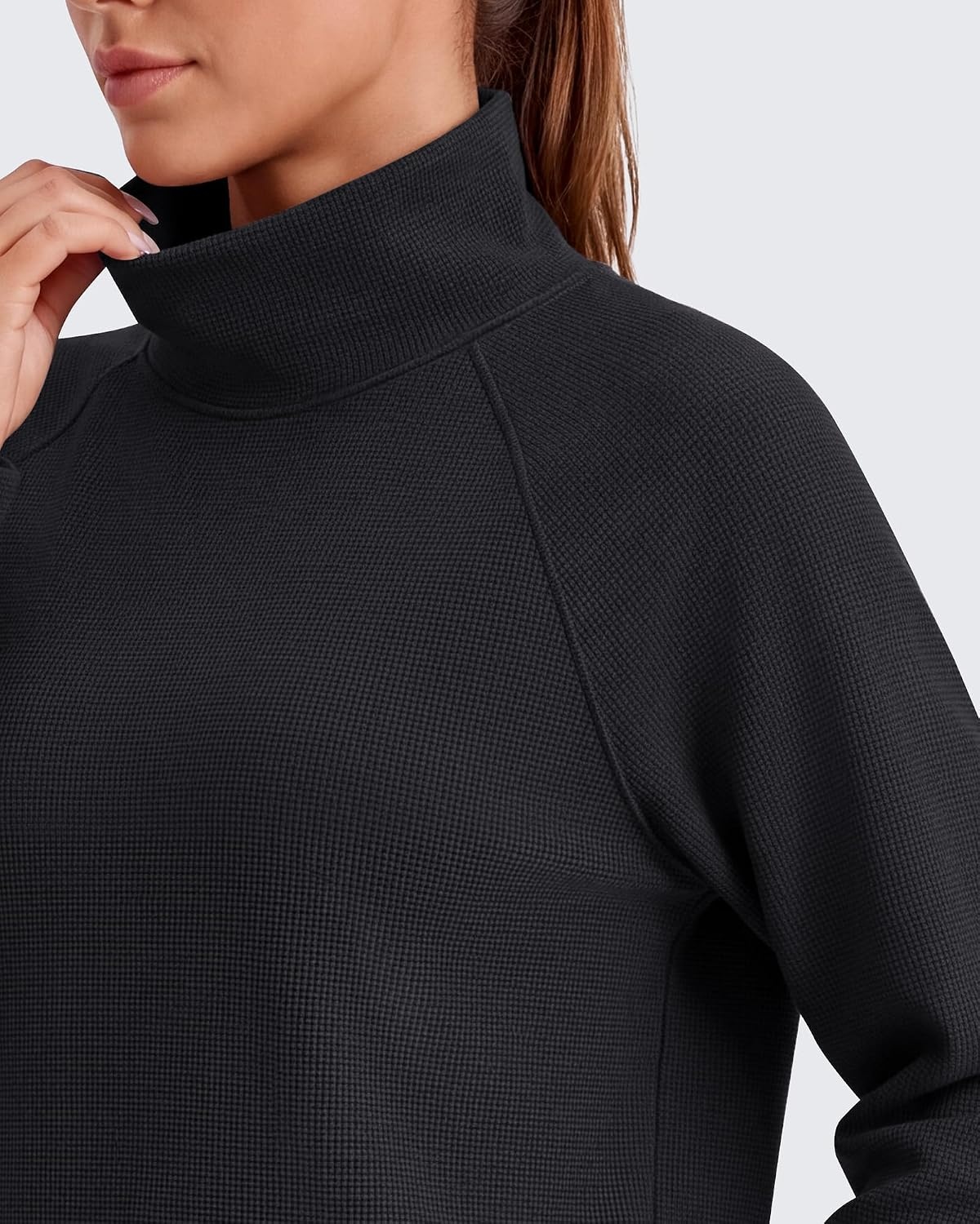 image:imageG4Free Womens Waffle Knit Sweatshirts Long Sleeve Mock Neck Pullover TopsBlack