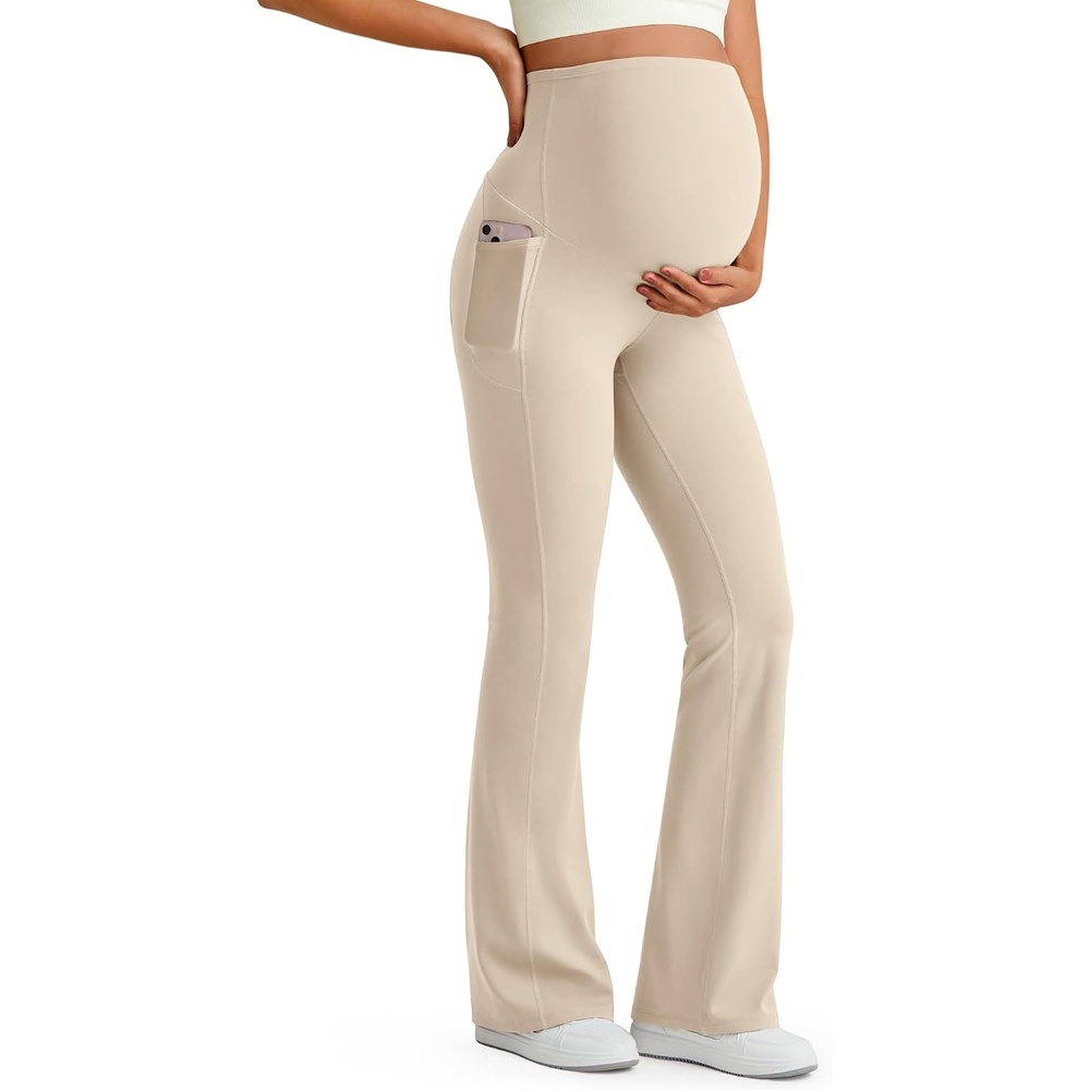 image:imageG4Free BareFeel Maternity Flare Leggings Pregnancy Dress Pants for WorkLight Khaki
