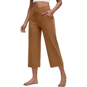 G4Free Capri Pants for Women with Pockets Cross Waist Wide Leg Yoga Pants(Coca Mocha)