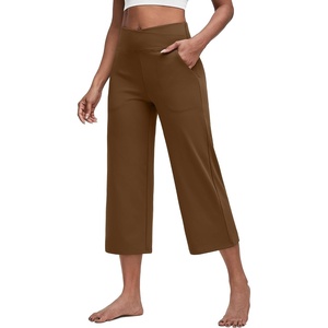 G4Free Capri Pants for Women with Pockets Cross Waist Wide Leg Yoga Pants(Dark Coffee)