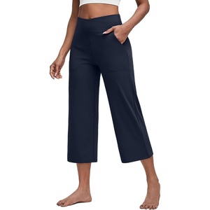 G4Free Capri Pants for Women with Pockets Cross Waist Wide Leg Yoga Pants(Dark Navy)