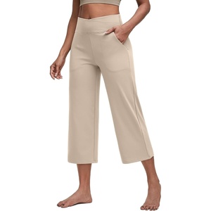 G4Free Capri Pants for Women with Pockets Cross Waist Wide Leg Yoga Pants(Light Khaki)