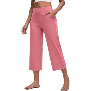 G4Free Capri Pants for Women with Pockets Cross Waist Wide Leg Yoga Pants(Pink)