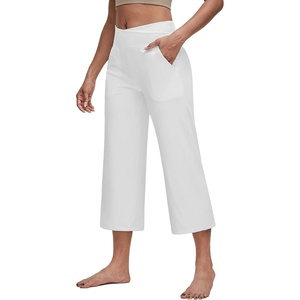 G4Free Capri Pants for Women with Pockets Cross Waist Wide Leg Yoga Pants(White)