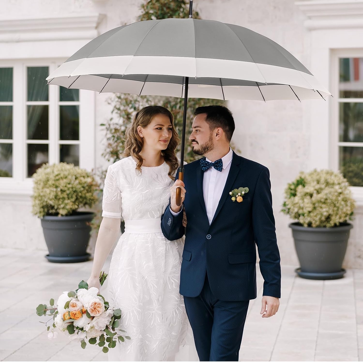 image:imageG4Free 54 Inch Large Umbrella for Rain Auto Open Golf Umbrella for 2 PeopleIvoryGrey