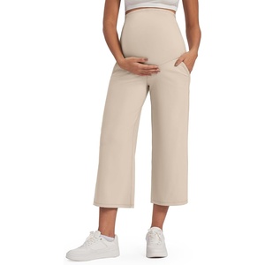G4Free Maternity Yoga Capris Pregnancy Cropped Pants for Work Casual Wear(Light Khaki)